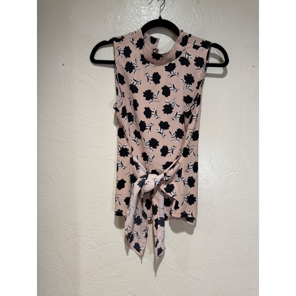 Ann Taylor Petite SP Pink Black Floral Mock Neck‎ Tie Front Sleeveless Blouse